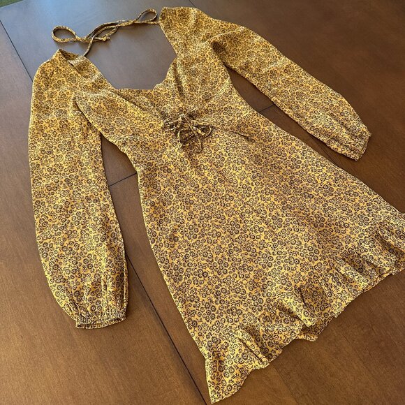 (SOLD) Reformation Floral Brown / Gold Long sleeve mini dress (US 2) - Picture 5 of 9